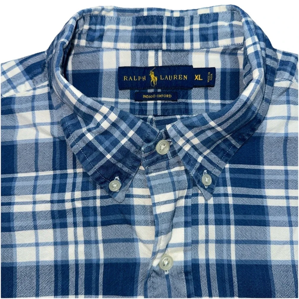 Polo Ralph Lauren Shirt Mens Sz XL Indigo Oxford Button Down Plaid Short Sleeve